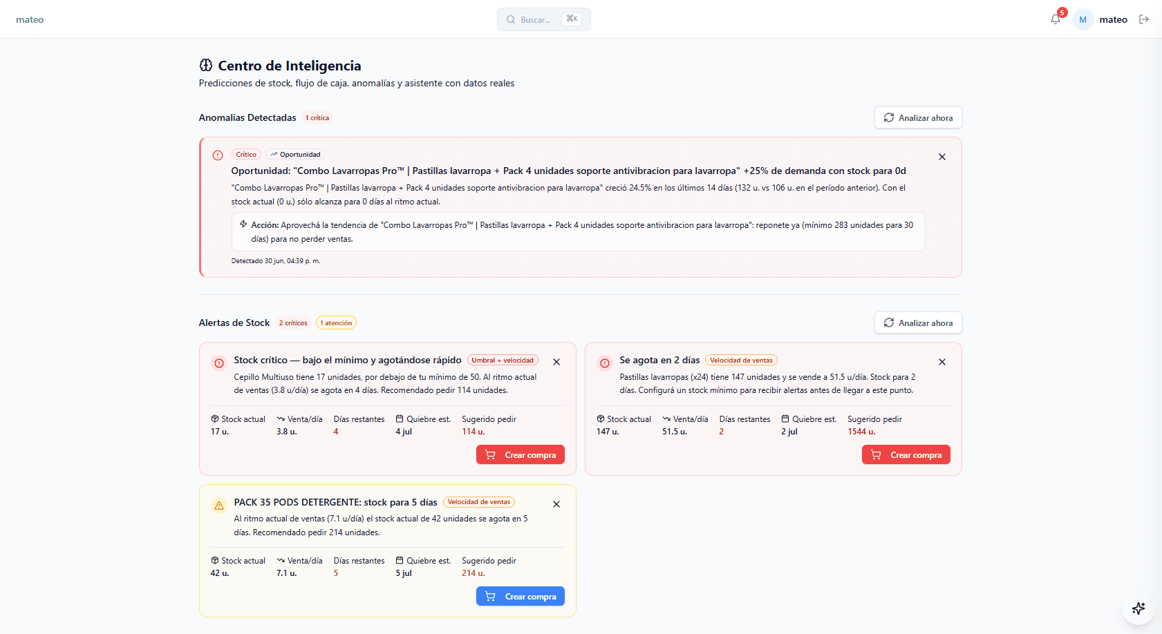 Centro de Inteligencia de FynTrack: anomalías detectadas con acciones recomendadas y alertas de stock que indican días restantes, fecha estimada de quiebre y cuántas unidades reponer por producto.